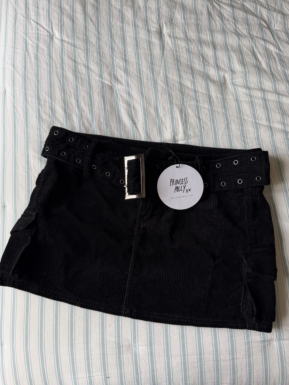 Princess Polly Black Corduroy Mini Skirt with Grommet Belt